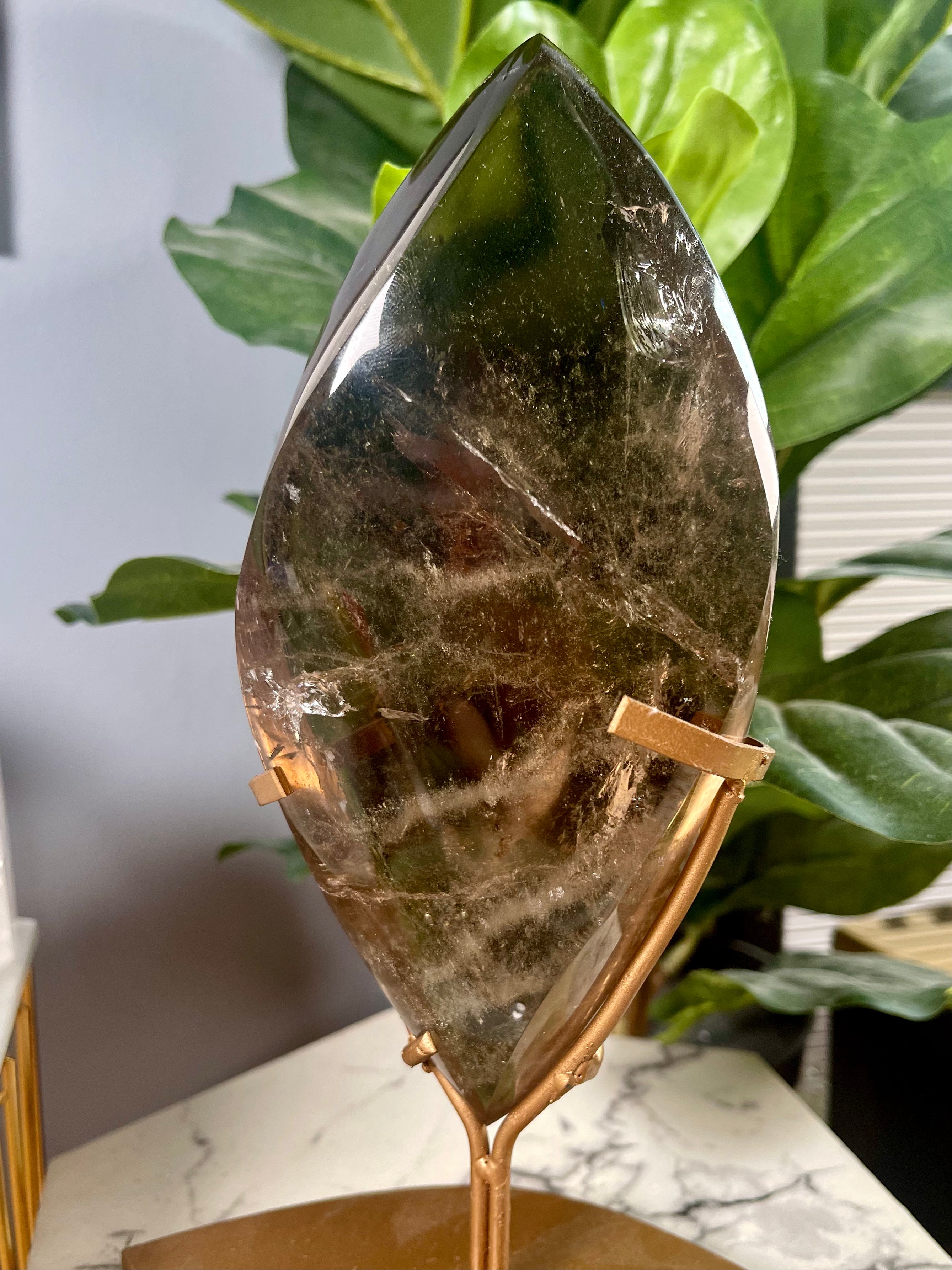 Dark Smoky Quartz Flame with Gold Stand | Rainbows | F4