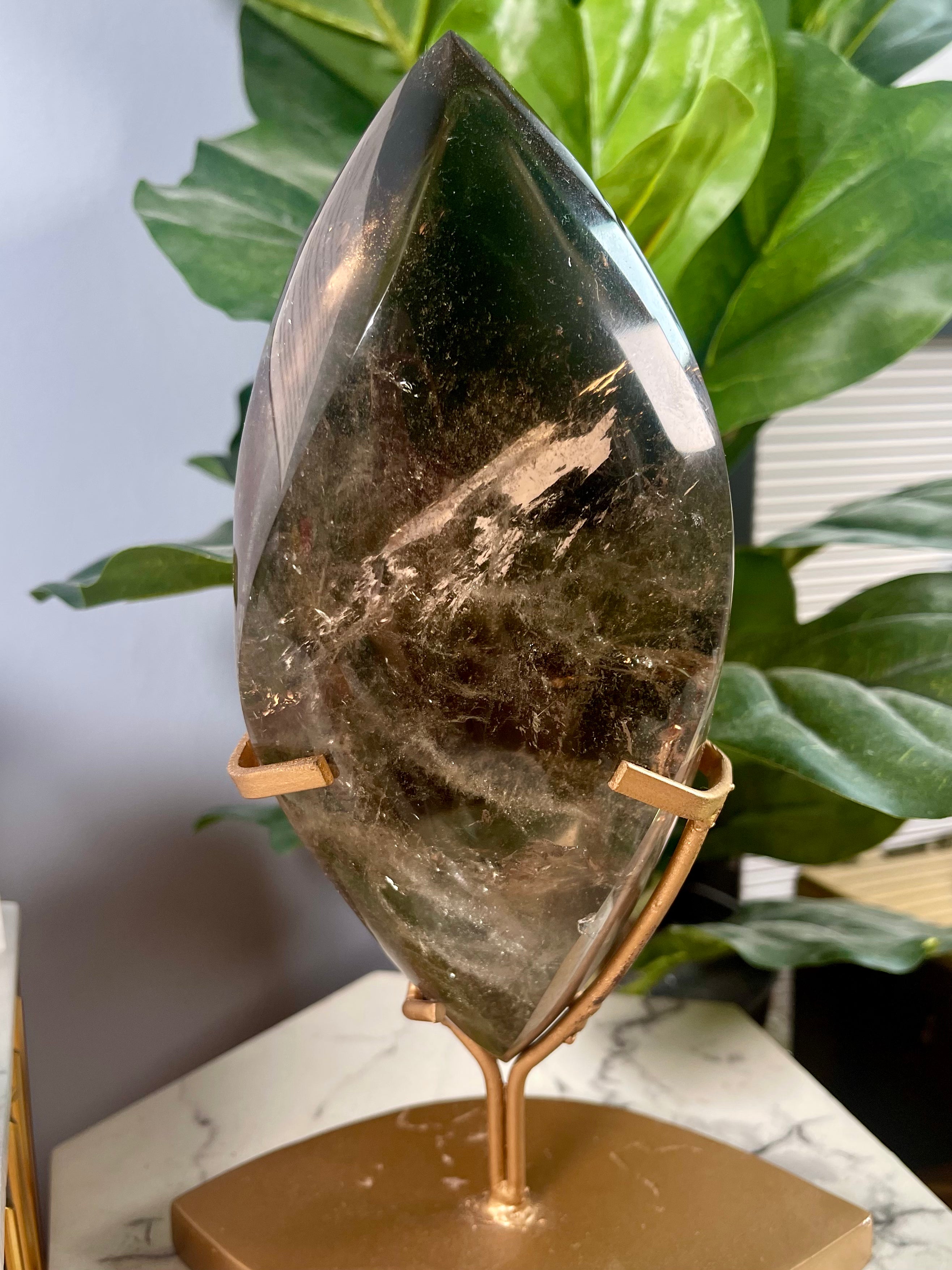 Dark Smoky Quartz Flame with Gold Stand | Rainbows | F4
