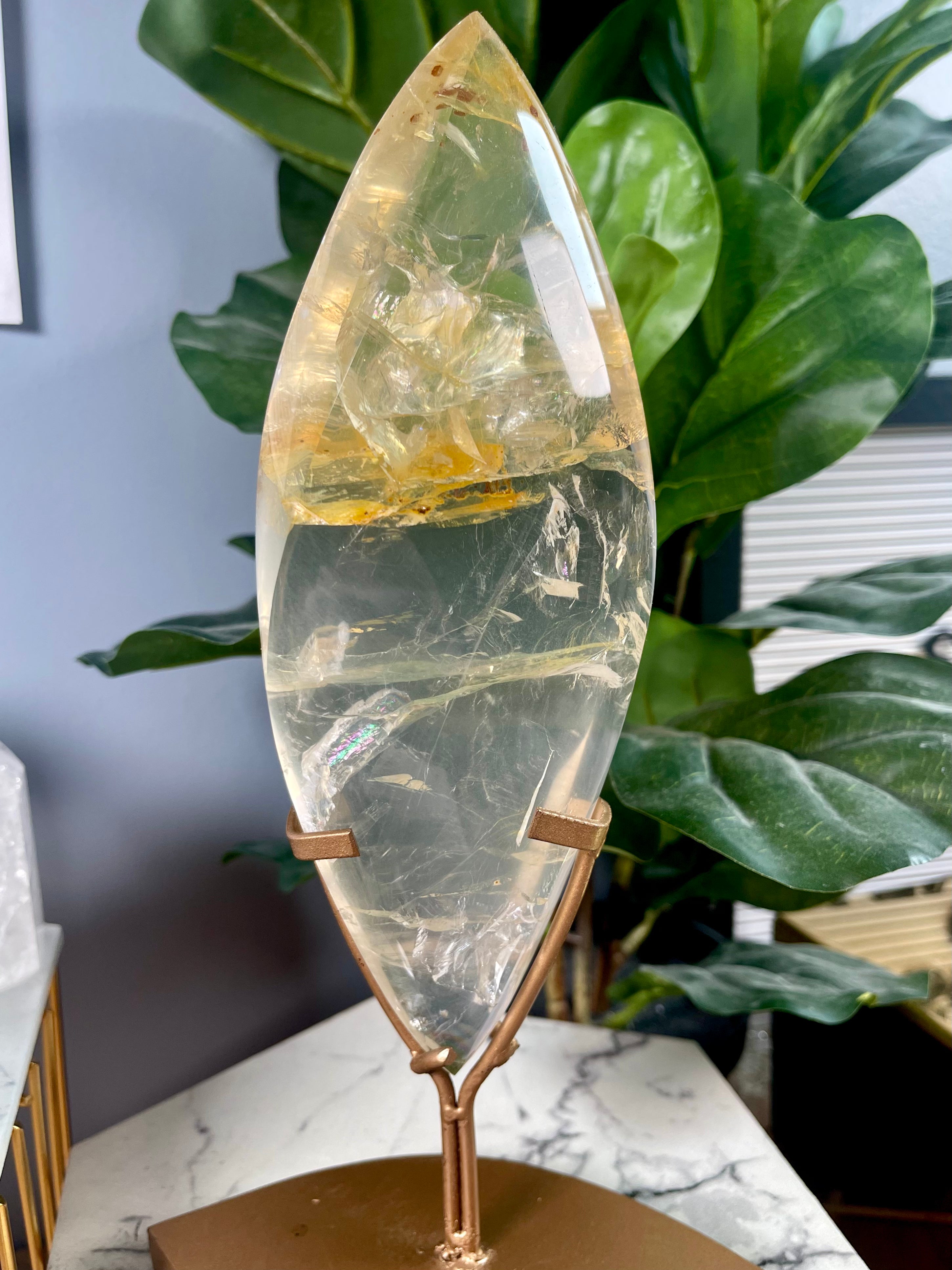 Girasol Golden Healer Quartz Flame with Gold Stand | Rainbows | F12