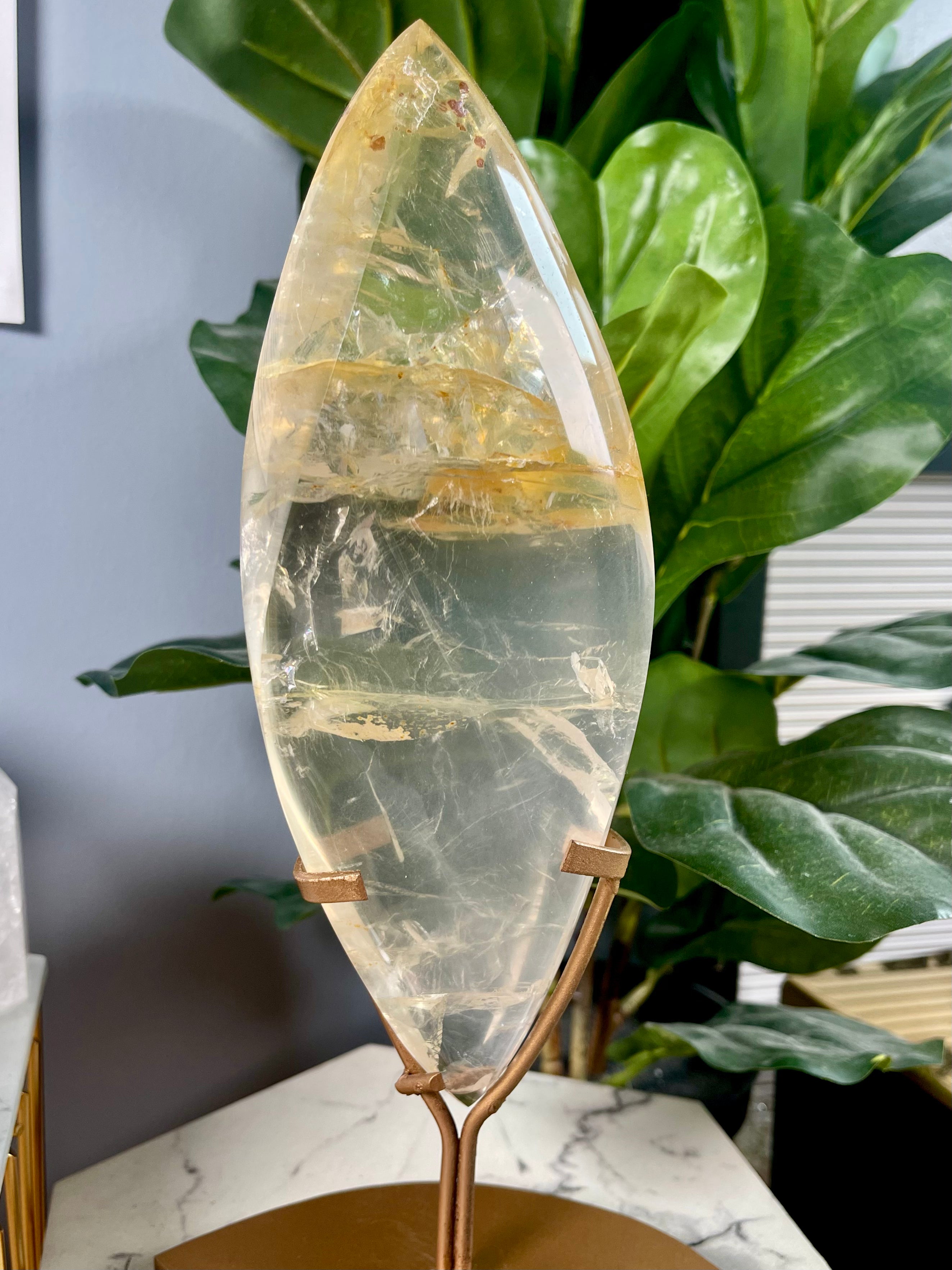 Girasol Golden Healer Quartz Flame with Gold Stand | Rainbows | F12