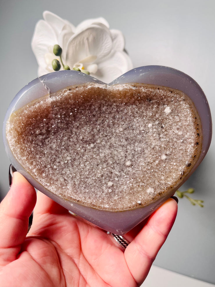 XL Blue Chalcedony Geode Heart with Dendrite