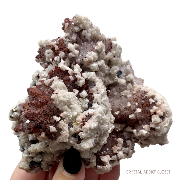 Hematite included Calcite on Quartz with Pyrite and Galena